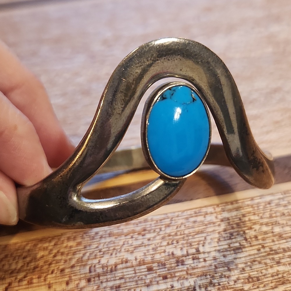 Vintage Mexican Sterling Silver 925 & Turquoise Bracelet Hinged Statement Trendy - Picture 2 of 16
